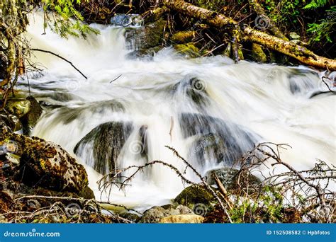 Water From The Spring Snow Melt Tumbling Over Logs And Boulders On