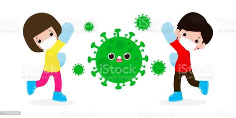 People Fight With Coronavirus Cartoon Character Man And Woman Attack