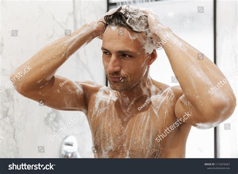 Close Handsome Man Having Shower Shower Stock Photo