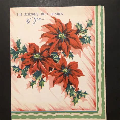 vintage christmas card gorgeous poinsettias season best wishes to you pollyanna 4 99 picclick