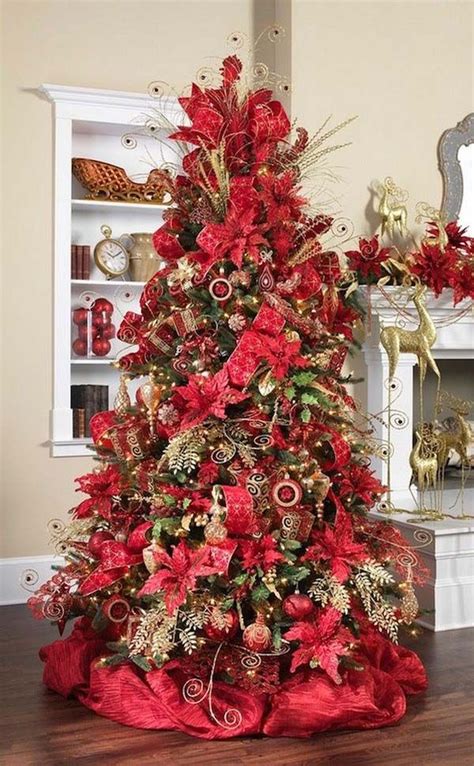 A Christmas Tree With Red And Gold Decorations