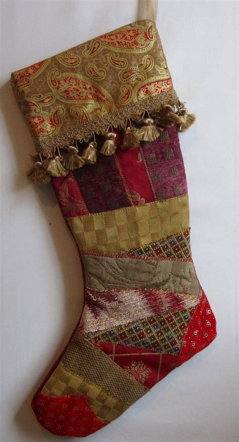 Elegant Christmas Stocking With Fancy Trim Fabric Art Crazy Quilt Patchwork In Reds And Golds
