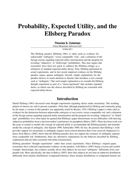 Pdf Probability Expected Utility And The Ellsberg Paradox
