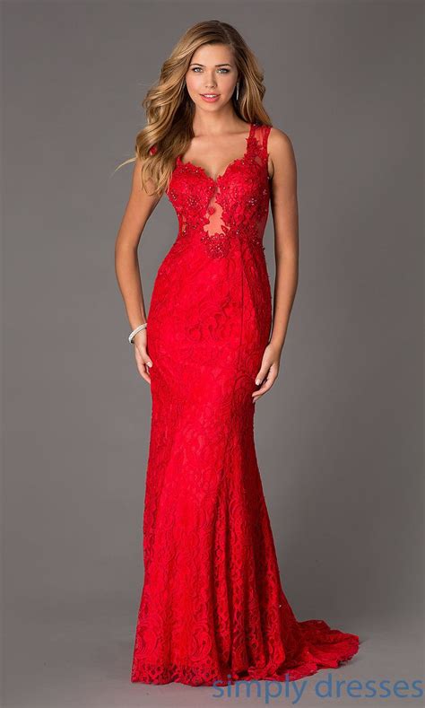 Long Sleeveless V Neck Lace Prom Dress Red Prom Dress Prom Dresses
