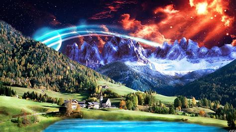 산과 물 그림 풍경 사진 조작 마을 언덕 산 성운 근처 집 Hd 배경 화면 Wallpaperbetter