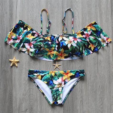 Women Swimwear Lotus Leaf Bikinis Flower Print Off Shoulder Bikini