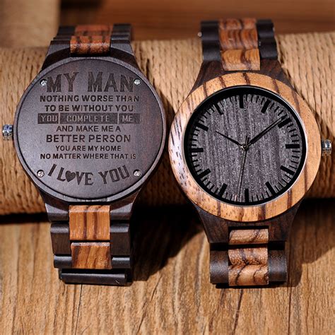 Hand Crafted Dark Wooden Watch With Engraved Message For Boyfriend By