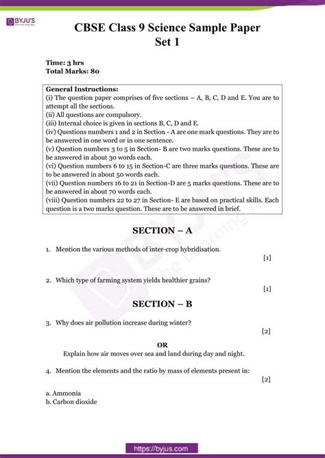 Cbse Sample Paper Class 9 Science Set 1 Download Pdf