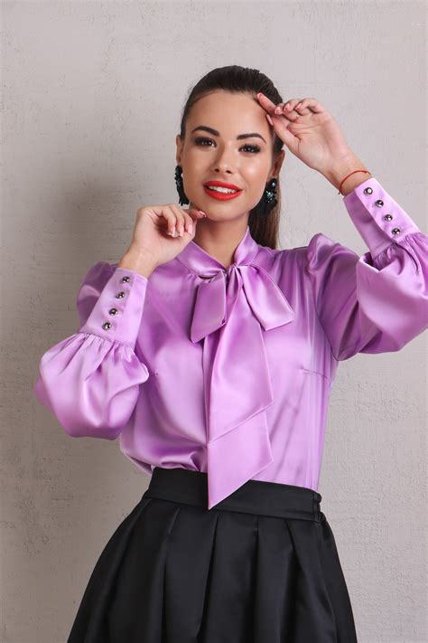 Pussy Bow Blouse Artificial Silk Retro Tie Neck Blouses For Women Purple Shirt Etsy