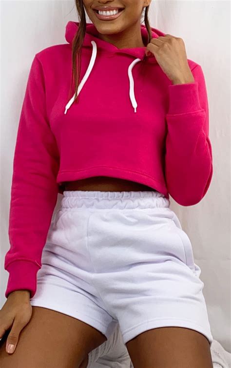Hot Pink Basic Crop Hoodie Tops Prettylittlething Ksa