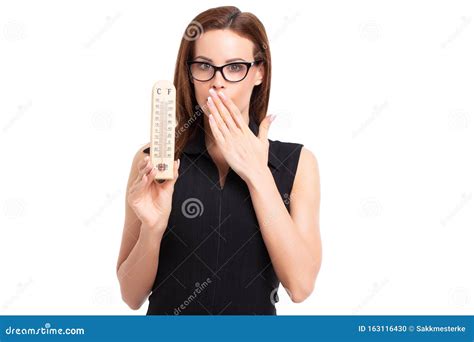 Caucasian Woman Holding Thermometer And Wondering Isolated Stock Photo