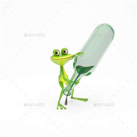 3d Illustration Green Frog With A Green Bottle With Wine By Brux