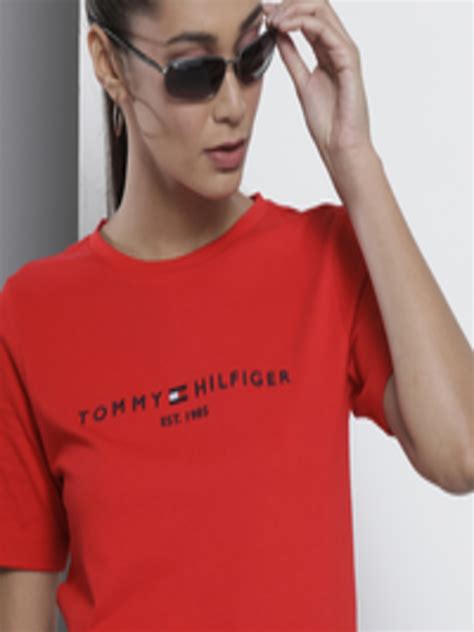 Buy Tommy Hilfiger Women Red Organic Cotton Slim Fit Organic Cotton T Shirt With Logo Embroidery