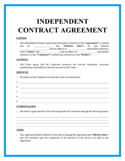 Free 1 Page Simple Independent Contractor Template Printable
