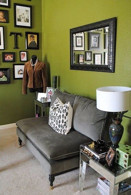 Gray Walls Green Accent Wall Black Frames And Shelves Vintage Decor