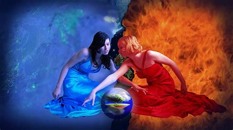 Hd Wallpaper Women Witch Water Fire Elements Sphere World Digital Art Wallpaper Flare