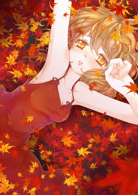 Safebooru Aki Shizuha Arm Up Armpits Autumn Leaves Blonde Hair Blush Collarbone Dress Iris