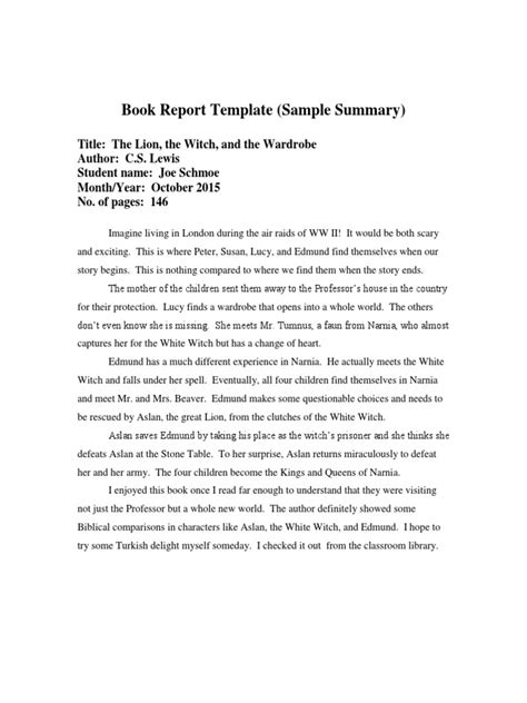 Book Report Sample Pdf