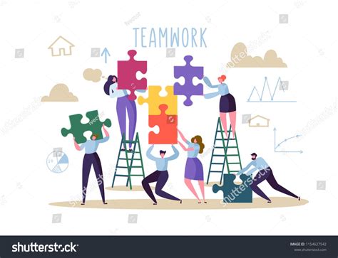 Business Teamwork Concept Flat People Characters With Pieces Of Puzzle
