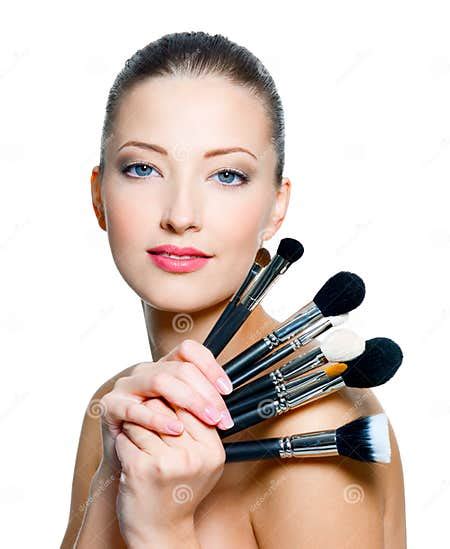 Beautiful Young Woman Holding Make Up Brushes Stock Image Image Of