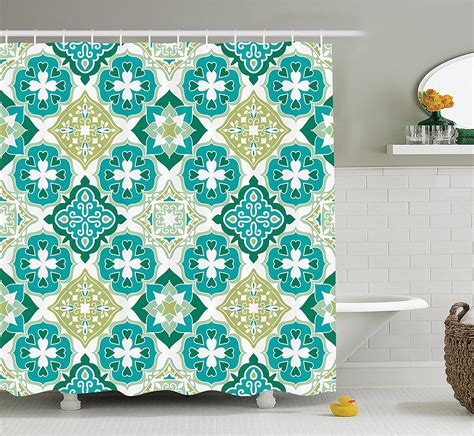 Moroccan Decor Shower Curtain Set By Colored Tiled Pattern With