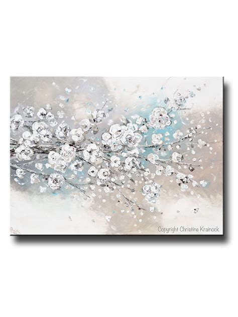 Original Art Abstract Painting Cherry Blossoms White Flowers Neutral