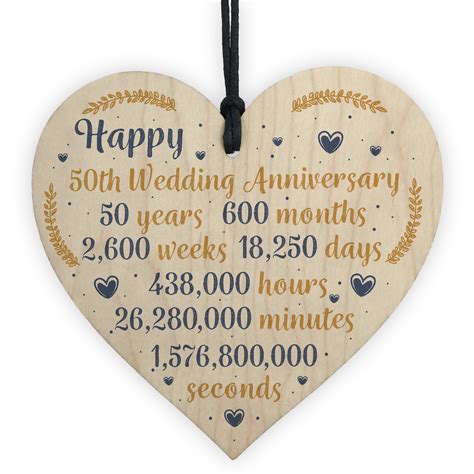 Include a wedding photo and information about where they've lived, where they've worked and the names of their children and grandchildren. Happy 50th Wedding Anniversary Sign Gift Heart Fifty Years ...