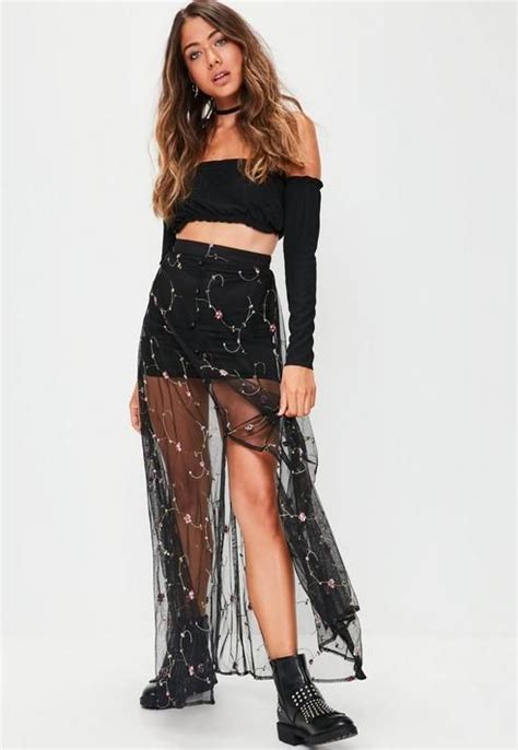 Missguided Black Mesh Floral Embroidered Maxi Skirt Womens Clothing Uk Womens Skirt Fashion