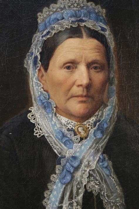 19th Century American Portrait Of A Woman In A Lace Bonnet With A Blue