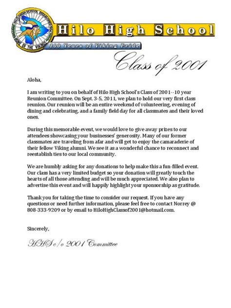 Letter Requesting Donations From Local Businesses And Alumni