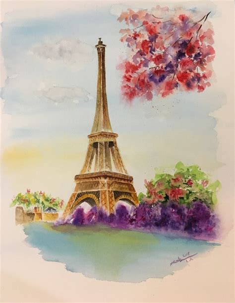 Paris Original Watercolor Painting Eiffel Tower Etsy