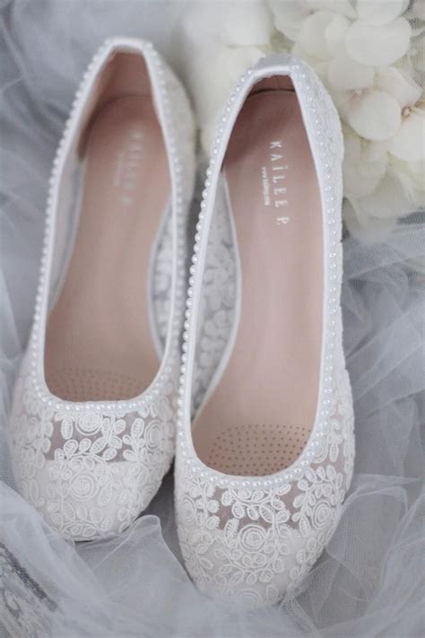 White Lace Round Toe Flats With Mini Pearls Women Wedding Shoes