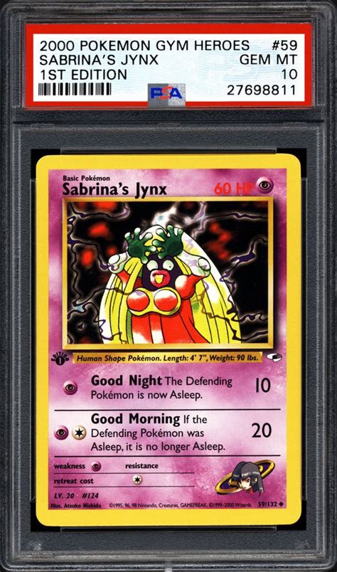 Since then, the character's original black skin was officially changed to purple in all subsequent appearances, including reprints of her pokémon cards (specifically the sabrina's jynx cards from the gym heroes and gym challenge sets). Auction Prices Realized Tcg Cards 2000 POKEMON GYM HEROES Sabrina's Jynx 1st Edition Summary