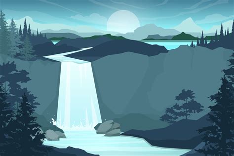 Vector Illustration Cartoon Style Of Waterfall In Forest Landscape