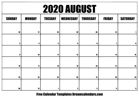 August 2020 Calendar Free Blank Printable With Holidays