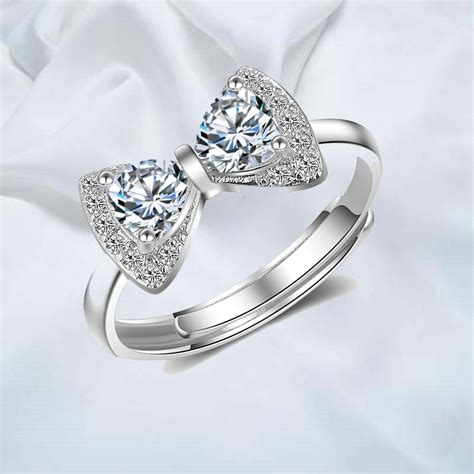 925 Silver Bow Ring Women Open Adjustable Band Ring Cz Cubic Zirconia