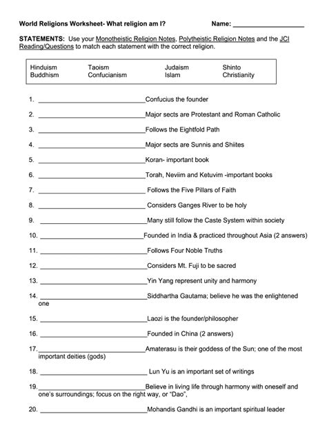 World Religions Worksheet Pdf Answers Fill Online Printable