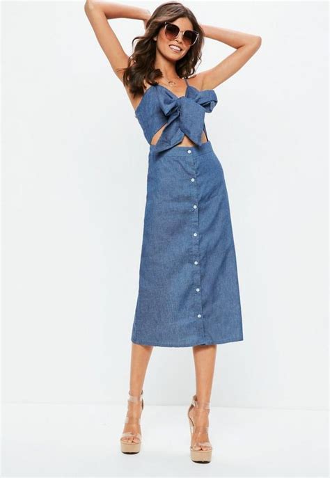Blue Tie Front Button Down Midi Dress Missguided