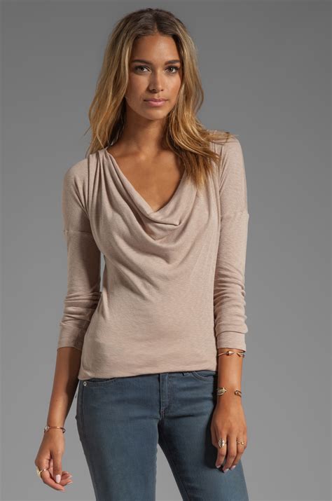 Lyst Michael Stars Long Sleeve Drape Neck Top In Brown In Natural