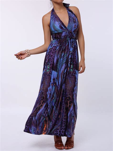 2018 Bohemian Halterneck Peacock Print Dress For Women In Purple One Size