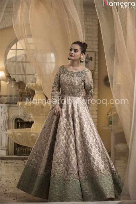 Nameera By Farooq Embellished Golden Maxi Dress Pakistani Wedding Pn