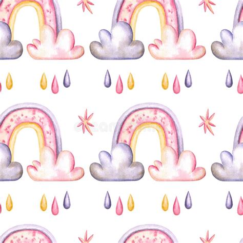 Seamless Pattern With Watercolor Rainbow Raindrops Clouds Stars