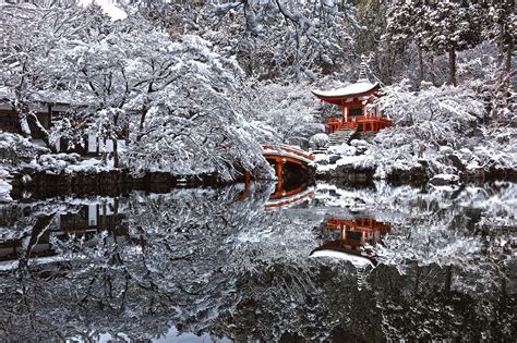 Japan Winter Pagoda Snow Water Pond Reflection