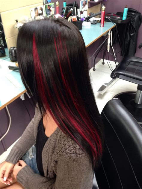 Dark Brown With Red Peekaboos Hair Red Hair Streaks Black Hair With