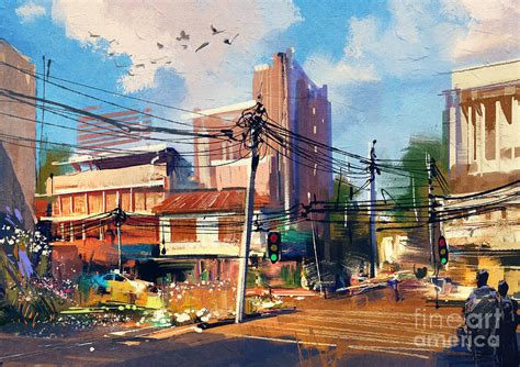 Digital Painting Of Street Scene Digital Art By Tithi Luadthong