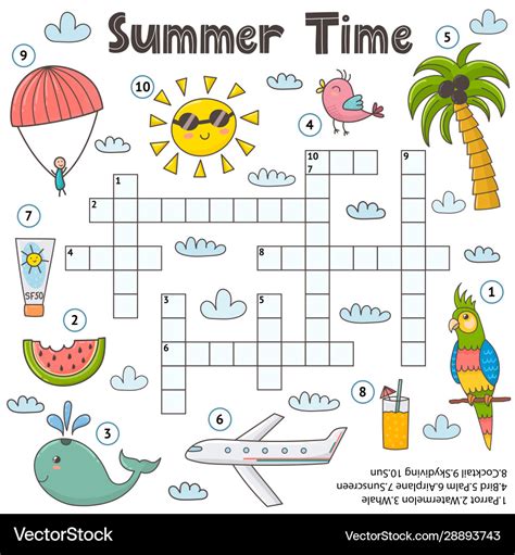 Summer Time Crossword Game For Kids Funny Vector Image