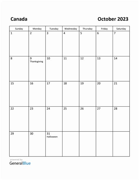 October 2023 Monthly Calendar With Canada Holidays
