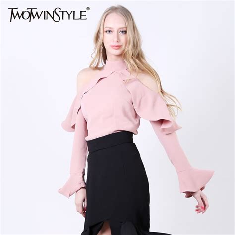 25 0us Twotwinstyle 2019 Women Halter Off Shoulder Chiffon Tops Blouse Shirt Ruffle Flare