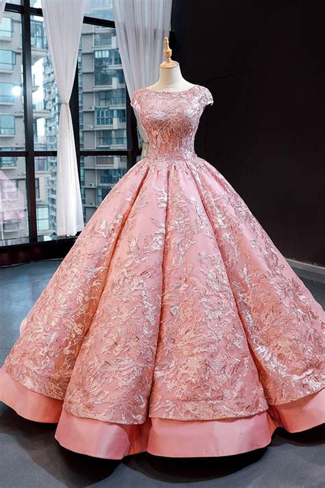 Pink Sparkly Short Sleeves Ball Gown Evening Dress Pl0467 Pink Ball