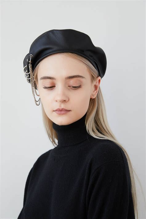 Black Cashmereleather Beret With Piercings And Chains Edgy Beret With